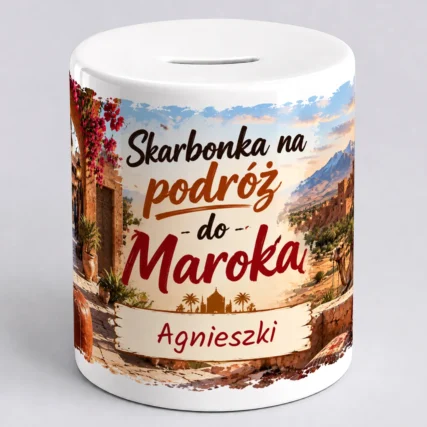 Ceramiczna skarbonka na podróż do Maroka z personalizacją imieni