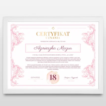 Certyfikat na 18 urodziny dla córki