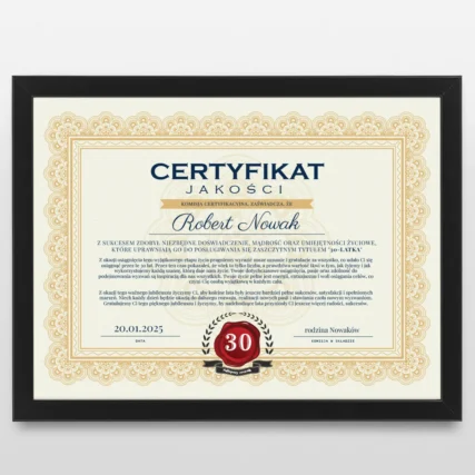Certyfikat na 30 urodziny dla niego