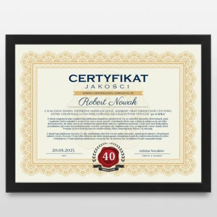 Certyfikat na 40 urodziny dla mężczyzny