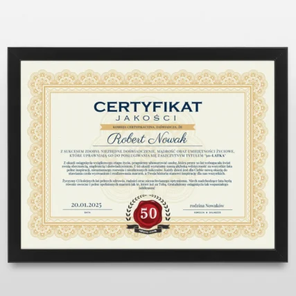 Certyfikat na 50 urodziny dla mężczyzny