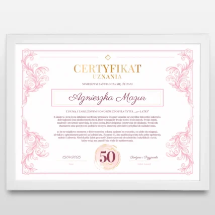 Certyfikat na 50 urodziny dla niej