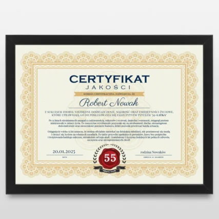 Certyfikat na 55 urodziny dla mężczyzny