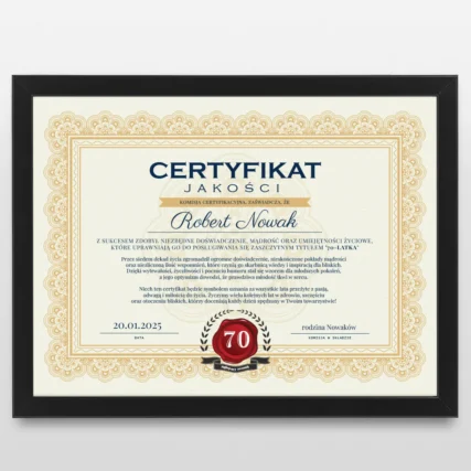 Certyfikat na 70 urodziny dla dziadka