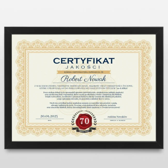 Certyfikat na 70 urodziny dla dziadka