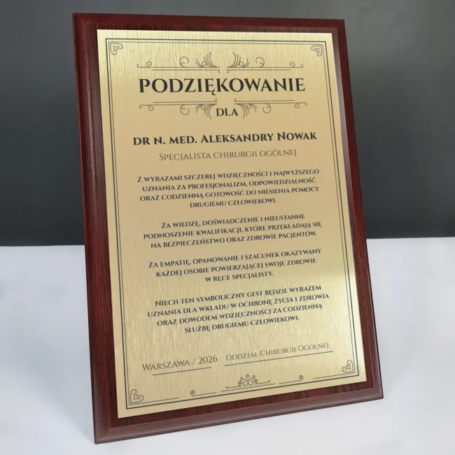 Elegancka tabliczka pamiatkowa Podziekowanie dla lekarza