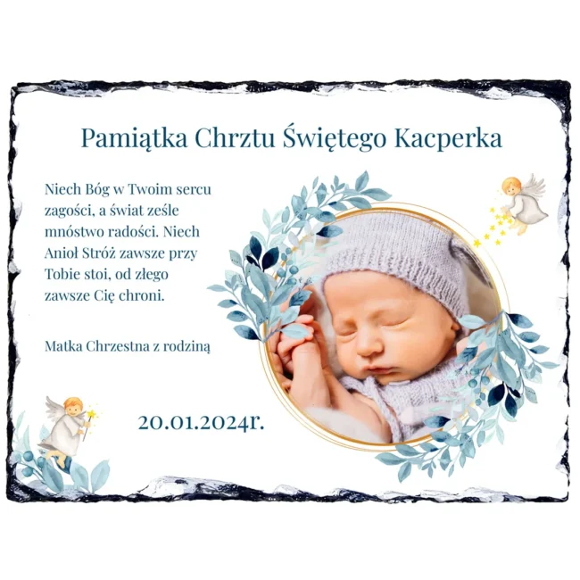 Granit ze zdjęciem pamiątka chrztu dla chłopca od chrzestnej