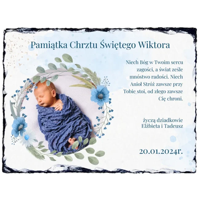 Granit ze zdjęciem pamiątka chrztu dla chłopca od dziadka i babci