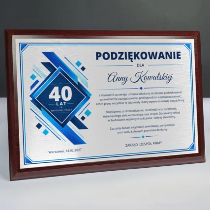 Jubileusz 40 lat pracy – personalizowana tabliczka