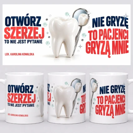 Kubek dla dentysty z imieniem – widok całego nadruku