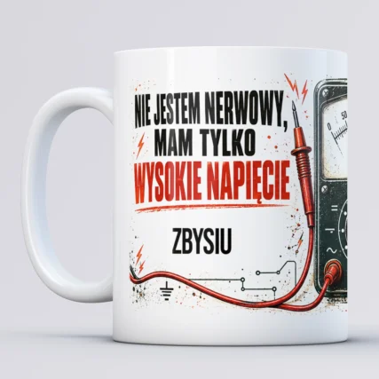 Kubek dla elektryka z imieniem i napisem Mam wysokie napięcie