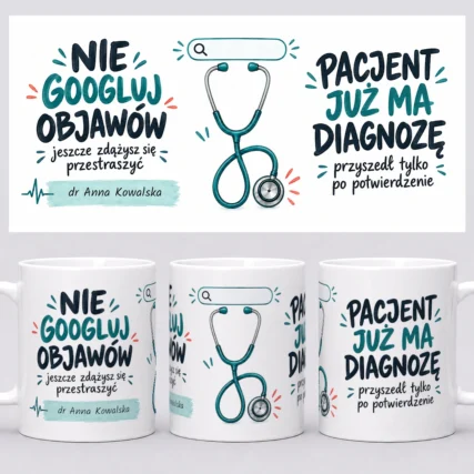 Kubek dla lekarki z grafiką internetowej wyszukiwarki i stetoskopu na froncie