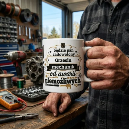 Mężczyzna trzymający kubek dla mechanika w warsztacie samochodowym