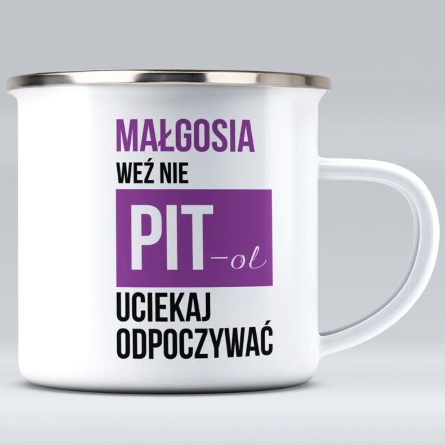 Kubek emaliowany dla emerytki księgowej. Prezent dla księgowej na odejście na emeryturę.