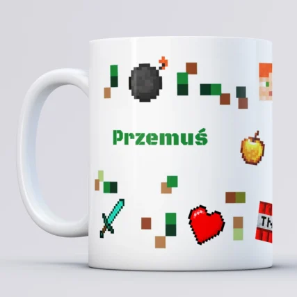 Kubek gracza komputerowego z imieniem w stylu MINECRAFT