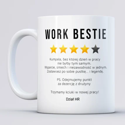 Kubek z napisem WORK BESTIE Prezent na odejście z pracy