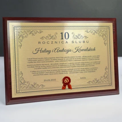 Personalizowana Tabliczka pamiątkowa na 10 Rocznicę Ślubu