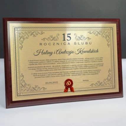 Personalizowana Tabliczka pamiątkowa na 15 Rocznicę Ślubu
