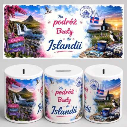 Personalizowana skarbonka na podróż do Islandii z imieniem