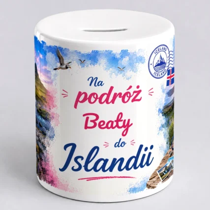 Personalizowana skarbonka na podróż do Islandii z imieniem