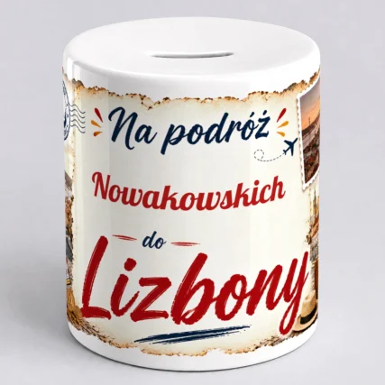 Personalizowana skarbonka na podróż do LIZBONY z napisem
