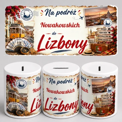 Personalizowana skarbonka na podróż do LIZBONY z napisem