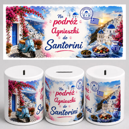 Personalizowana skarbonka na podróż do Santorini z imieniem