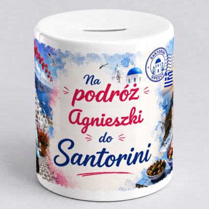 Personalizowana skarbonka na podróż do Santorini z imieniem