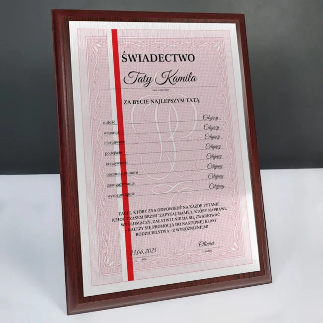 Personalizowane Swiadectwo Dyplom dla taty z blacha na drewnie