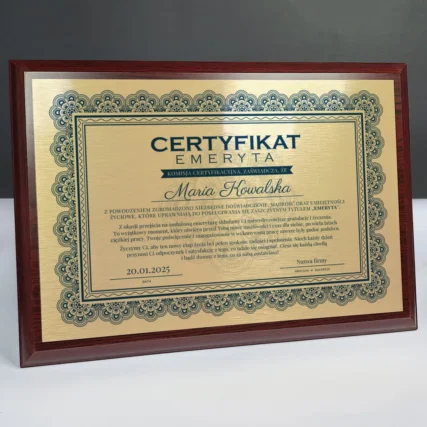 Personalizowany drewniany Certyfikat emeryta Podziękowanie z okazji odejścia na emeryturę
