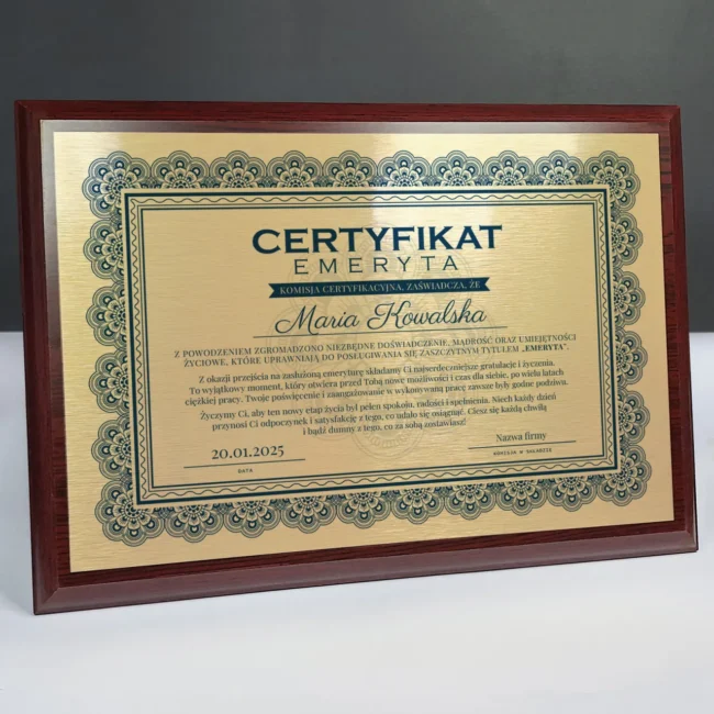 Personalizowany drewniany Certyfikat emeryta Podziękowanie z okazji odejścia na emeryturę