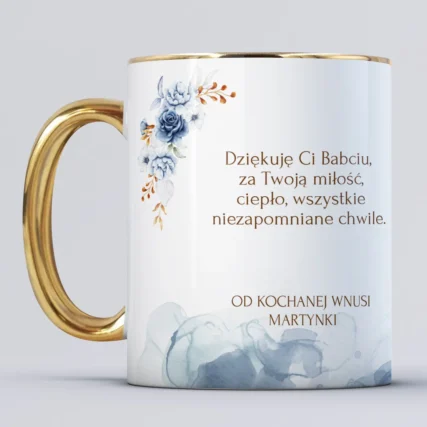 Personalizowany Foto kubek ze złotym uchem na Dzień Babci