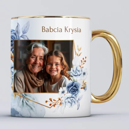 Personalizowany Foto kubek ze złotym uchem na Dzień Babci