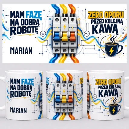Personalizowany kubek dla elektryka z instalacją trójfazową