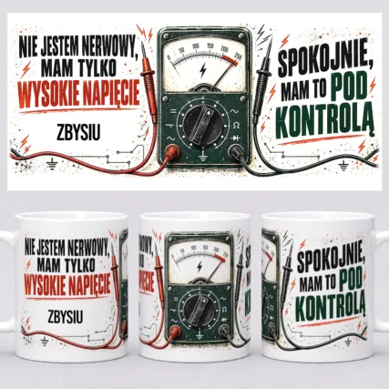 Personalizowany kubek elektryka z grafiką analogowego miernika