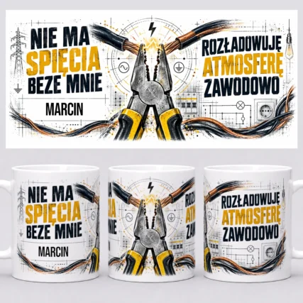Personalizowany kubek elektryka z imieniem, szczypcami i przewodami