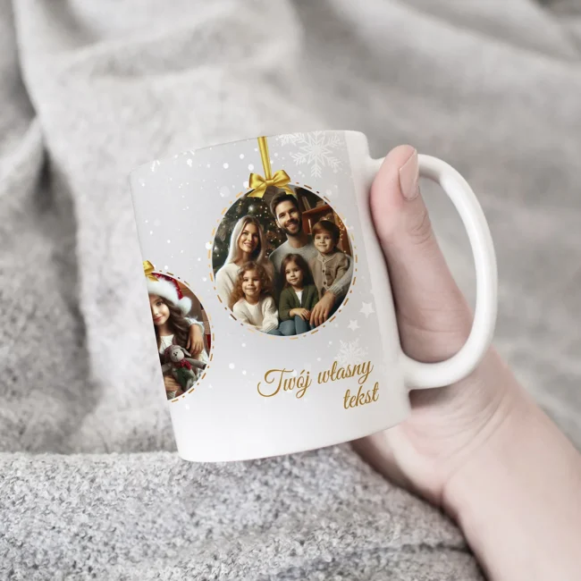 Personalizowany kubek na święta ze zdjęciami w bombkach