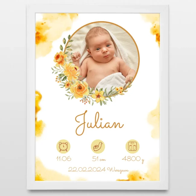 Personalizowany plakat metryczka noworodka ze zdjeciem