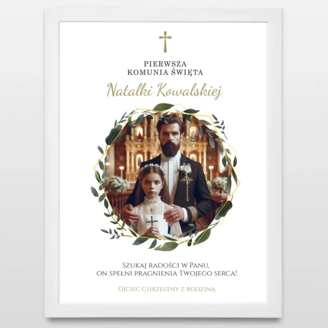 Plakat ze zdjęciem NA KOMUNIĘ od Ojca Chrzestnego