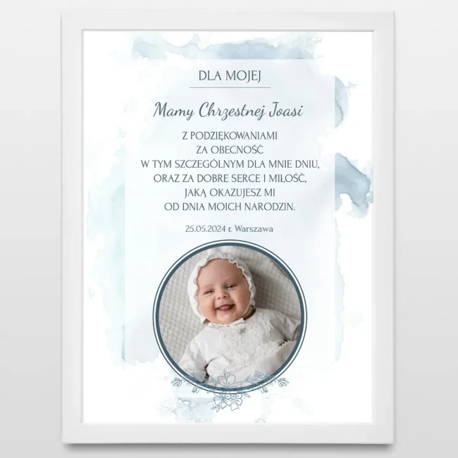Plakat ze zdjeciem Podziekowania dla matki chrzestnej na chrzest