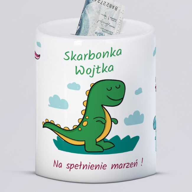 Skarbonka dinozaur dla chłopca z imieniem