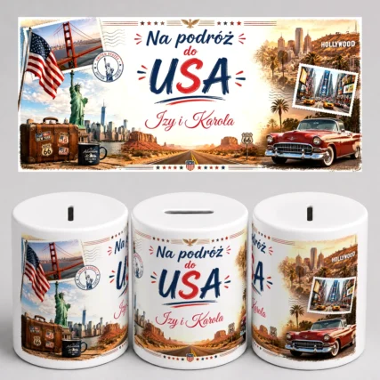 Personalizowana skarbonka na podróż do USA z imionami