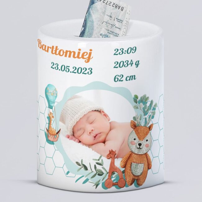 Skarbonka z metryczka dla chlopca i zdjeciem
