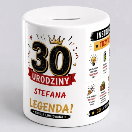 Śmieszna skarbonka na 30 urodziny z imieniem dla chłopaka