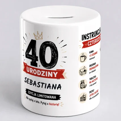 Śmieszna skarbonka na 40 urodziny z imieniem dla faceta