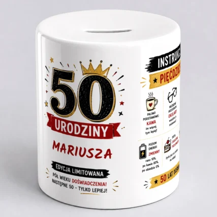 Śmieszna skarbonka na 50 urodziny z imieniem dla mężczyzny