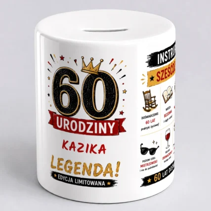 Śmieszna skarbonka na 60 urodziny z imieniem dla dziadka