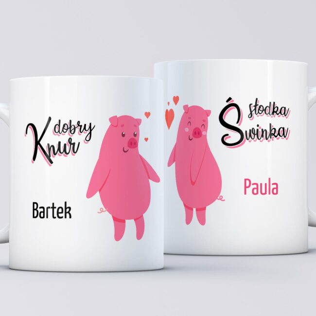 Śmieszne kubki dla pary słodka świnka z imionami