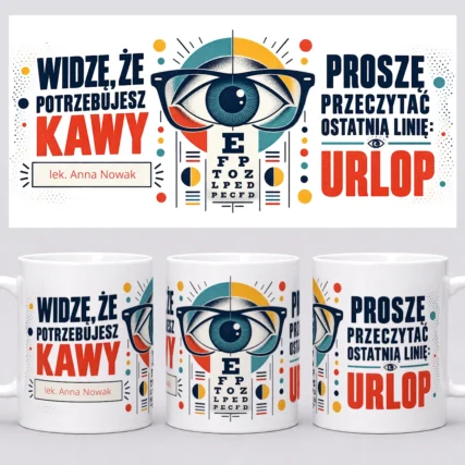 Śmieszny kubek dla okulisty z tablicą do badania wzroku