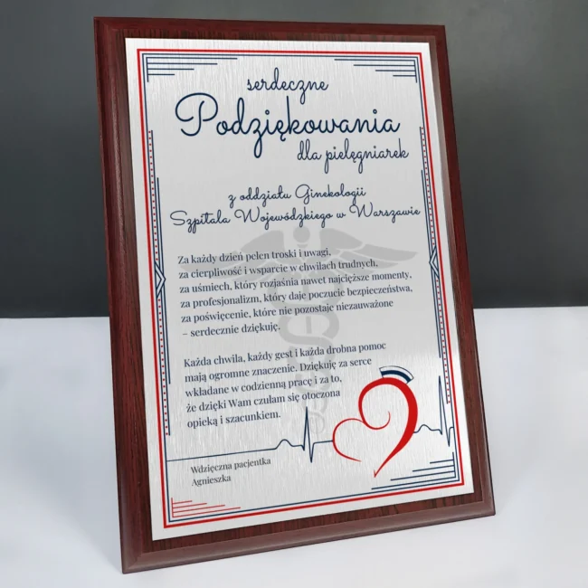 Tabliczka pamiatkowa Podziekowanie dla pielegniarek
